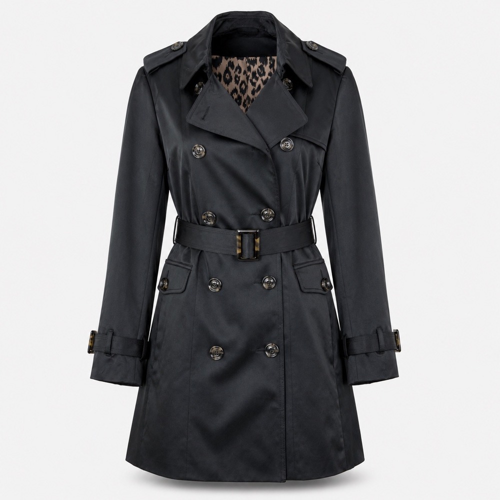 NWT Joan Rivers Black Trench Coat Belted Double Breasted Womens Size S Chic